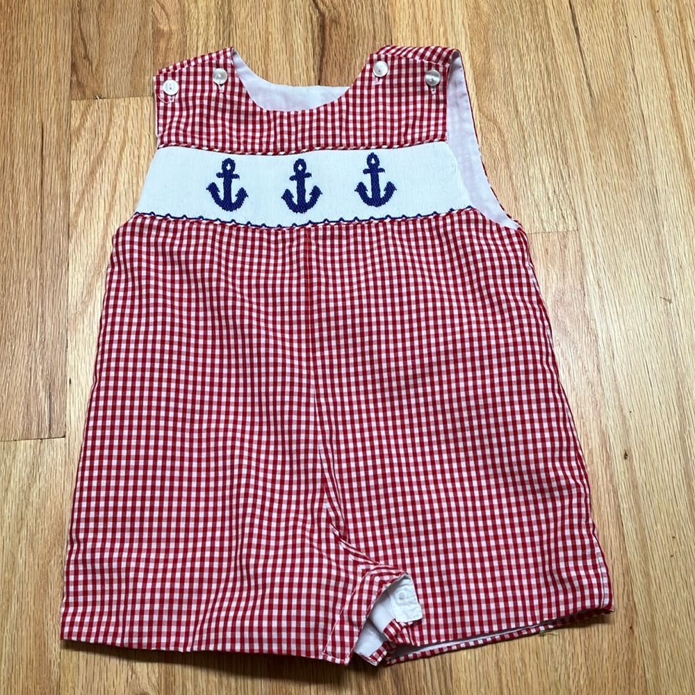 Anchor smocked red gingham baby overalls / John John’s
